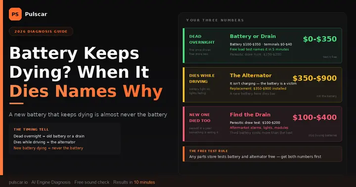 Car Battery Keeps Dying in 2026: When It Dies Names the Cause (5 Routes, Real Costs)