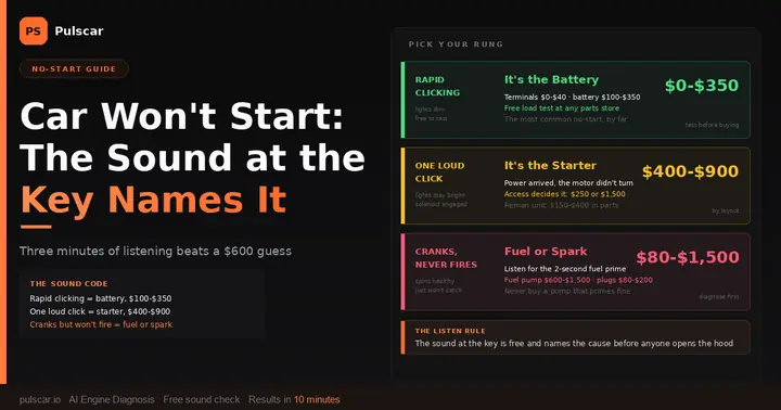 Car Won't Start in 2026: The Sound at the Key Names the Cause (10 Causes, Real Costs)