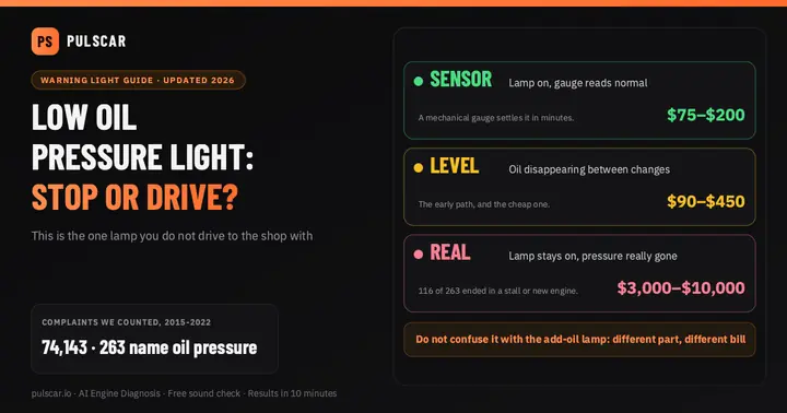 Low Oil Pressure Warning in 2026: $0 to $10,000, and the One Light You Do Not Drive On